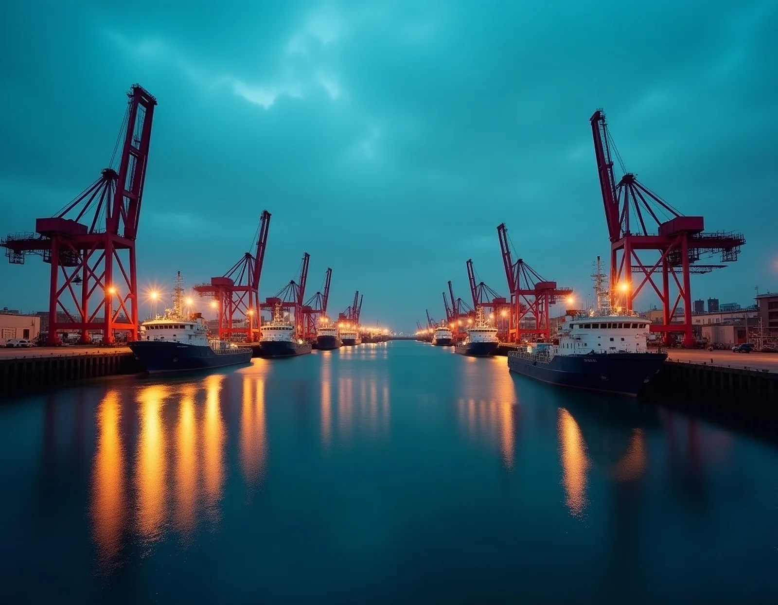 Busy harbour at dusk with moored ships and lit port cranes reflected on dark teal water