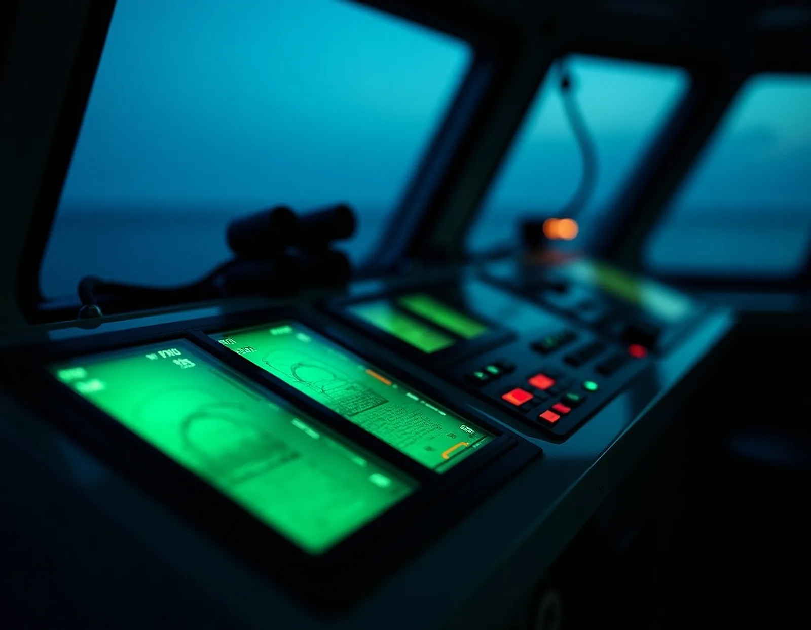 Glowing radar and navigation console in a dark ship wheelhouse at night