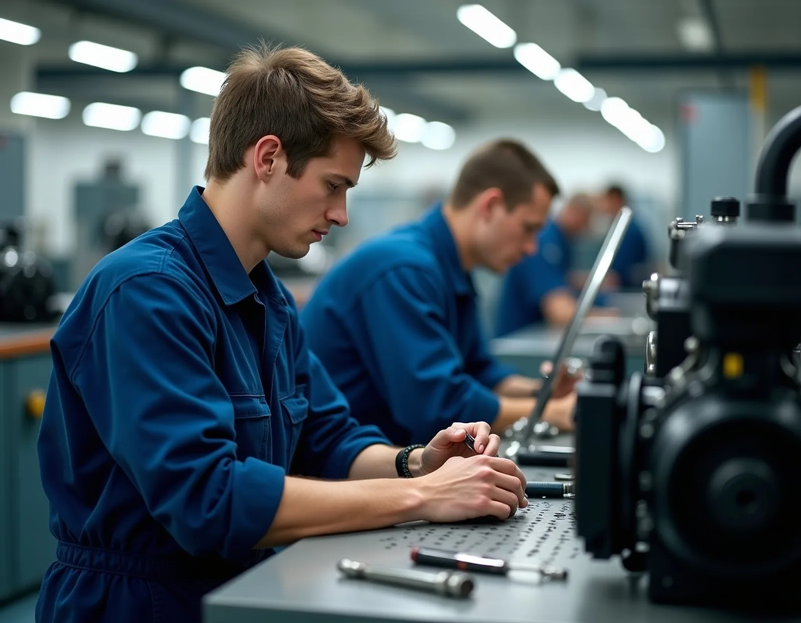 Marine engineering trainees working at a bench in a training workshop beside a cutaway engine